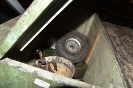 Pine Tool Chest Containing Sack Barrow Wheels, Vintage Motorcycle Screen, etc.