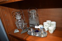 Decanters, Cruet Set, Egg Cups, and Miniature Iron