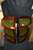 Two Mahogany Effect Corner Shelf Units with Leathe