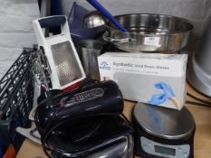 *mixed lot including dualit hand mixer large stainless vinyl gloves scale jug greater etc