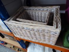 *3x graduated sized white-washed wicker baskets largest 480 x 350 x 240