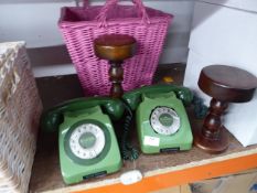*decorative items pink wicker basket to old fashioned dial phones and two solid wooden stands