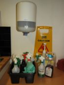 *Assorted Cleaning Materials, Paper Towel Dispenser, Wet Floor Sign, etc.