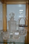 Cut Lead Crystal Decanter, Ice Bucket and Two Tumb