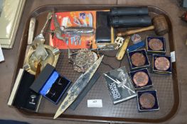 Tray Lot of Small Collectibles; Gavel, Medallions,