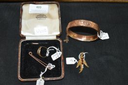 9k Gold Bangle ~13.5g plus Brooch, Tie Pine and Sc