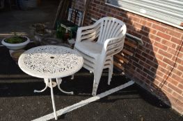 Aluminium Patio Table & Four Plastic Stacking Chairs