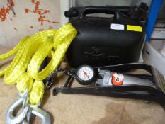 Petrol Can, Foot Pump, and Hooked Nylon String