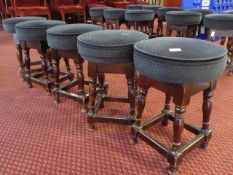 * 5 blue upholstered pub stools, bar wear