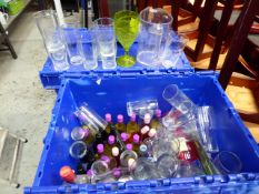 * box containing various glassware approximately 30 items and 25 approx small bottles of wine 187
