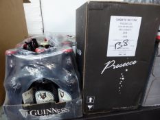 * box of out of date bottles of guinness and box prosecco 6 bottles