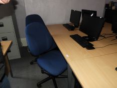 *Office Table with Light Beech Top on Silver Frame, Plus Two Blue Gas Lift Office Chairs