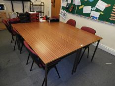 *Three Sapele Mahogany Office Tables with Six Stackable Chairs and One Operators Chair