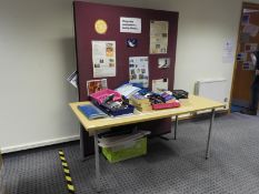 *Office Table with Light Oak Top, an Office Screen, and Assorted Office Sundries