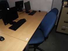 *Office Table with Light Beech Top on Silver Frame, Plus Two Blue Gas Lift Office Chairs