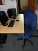 *Office Table with Light Beech Top on Silver Frame, Plus Two Blue Gas Lift Office Chairs
