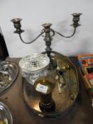 Plated Ware; Tray, Candelabra, Brass Moneybox etc.