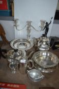 Plated Ware; Teapots, Candelabra, Fruit Bowls, etc