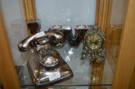 Three Silver Coloured Ornaments - Love Candle Holder, Telephone & Clock