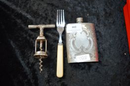 Vintage Corkscrew, Fork and a Hip Flask