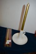 White Ceramic Candle Holder and Christmas Candles