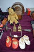 1930's Mantel Clock, Teddy Bear, Children's Shoes,