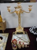 Ornate Gilt Candelabra, Jewellery Box and Matryosh