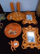 Two Orange Photo Frames, Serving Bowl, Cruet Set,