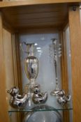 Claret Jug, Candlestick and Three Silvery Ducks