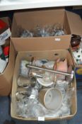 Two Boxes of Glassware and Pottery