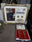 Two Commemorative Glass Goblets, Plate, Framed Wil