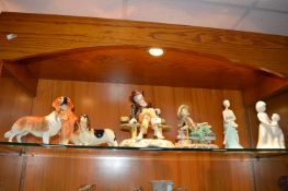 Pottery Figures; Three Dogs, Two Reclining Gentlem