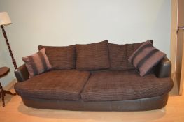 Brown Leatherette and Fabric Three Seat Sofa