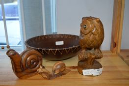 Wooden Bowls, Owl, Snails, etc.