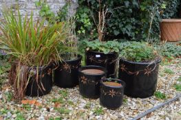 Six Black Glazed Plant Pots