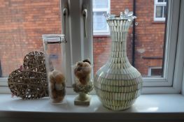 Glass Vases, Jar of Shells, Cup of Shells, and a Wicker Heart