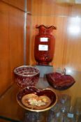 Cranberry Glass Vase and Dishes
