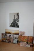 Four Unframed Canvas Prints and Three Signs