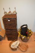 Woven Baskets Storage Unit and Three Decorative Baskets