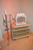 Lightwood Mobile TV Stand, Antique Style Candle Holder, and a Wrought Iron Candle Stand