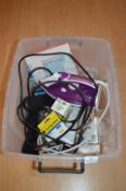 Box Containing Various Lightbulbs, Ink Cartridges, Iron, etc.