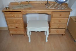 Pine Dressing Table with Eight Drawers, and White Stool