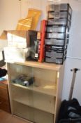 Small Storage Cabinet with Sliding Glass Doors, plus Storage Boxes, Sellotape, etc.