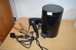 Small Pedal Waste Bin, Hair Dryer, and Hair Straighteners