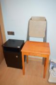 Black Bedside Cabinet, Small Occasional Table, and a Folding Chair