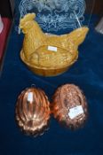 Pottery Chicken Egg Dish and Two Jelly Moulds