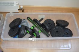 Box Containing Dumbbell and Various Weights