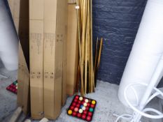 * selection on pool cues and rests. approx 10 items plus set of balls