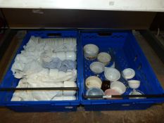 White China Teacups & Saucers, Small Quantity of Assorted Dishes, and a Glass Rolling Pin