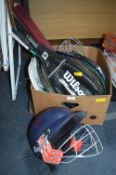 Tennis Rackets and Two Cricket Helmets